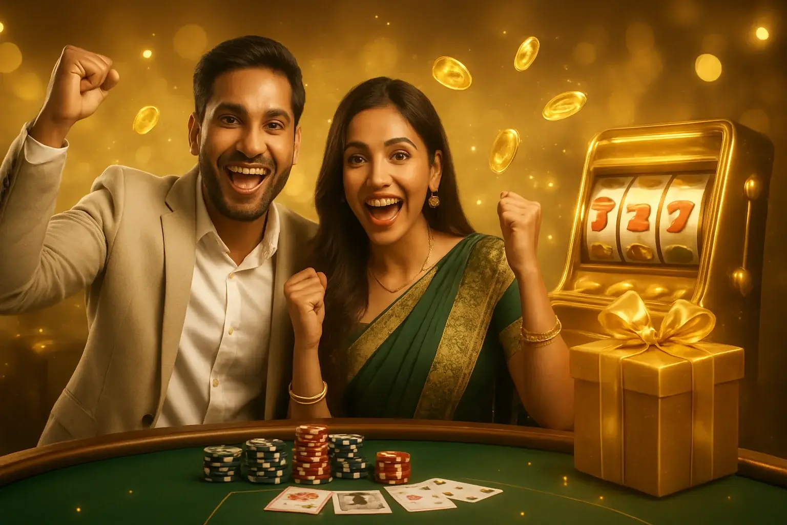Happy South Asian couple celebrating casino welcome bonus at poker table with gold coins and chips